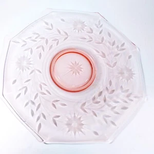 Standard Glass SWEET SIXTEEN Platter Cake Plate PINK Glass Etch Flowers & Leaves - Picture 1 of 5