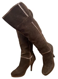 Reba Womens Over the Knee Boots Brown Suede High Heel Leather Zip Boots 9M - Picture 1 of 14