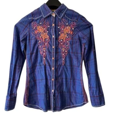 Camisa a Cuadros Western Bordada Rugir Naranja Estrás Adornada Abotonada Med Foto 1 de 4
