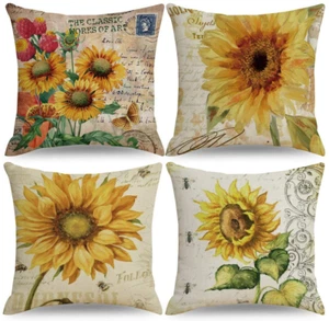 Summer Throw Pillow Covers 18x18 Set of 4 Outdoor Pillowcases Sunflower for Sofa - Picture 1 of 9