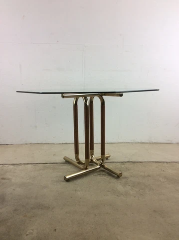 Vintage Postmodern Octagonal Glass Top Dining Table with Brass & Oak Base Cover