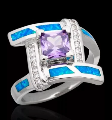 Dazzling Unique Princess Cut Amethyst Purple Ocean Blue Fire Opal CZ Ring Sz 7 - Image 1 of 4
