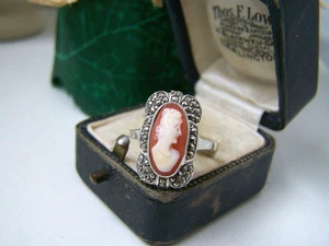 GORGEOUS MODERNIST VINTAGE SOLID 925 STERLING SILVER CAMEO MARCASITE RING SIZE O - Picture 1 of 10
