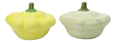 Juego de saleros y pimenteros de calabaza amarillos y verdes festivos de otoño de cerámica Foto 1 de 4
