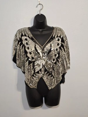 Para mujeres Seda Plateado y Negro Lentejuelas Mariposa Capa Top Festival Fiesta Art Deco Foto 1 de 4