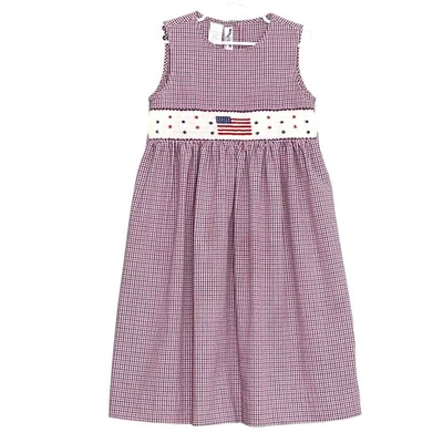 Vintage Girls Dress 6 Red Blue Gingham Smocked American Flag Stars Patriotic - Image 1 of 4