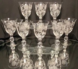8 Vintage HEISEY ROSE feine Nadel geätzte Wasserkelche Weingläser Set - Bild 1 von 11