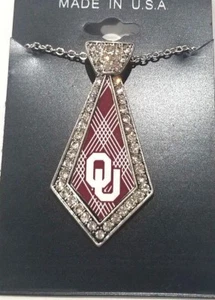 Collegiate 2 " Tie Shaped charm Oklahoma Sooners Rhinestone Bling Necklace 18 in - Picture 1 of 2