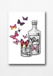 Gin Bottle KITCHEN PRINT Butterflies Picture Illustration A4 Wall Art Unframed