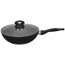 Wilko 28 cm antiaderente in alluminio Shot Blast wok e coperchio con impugnatura morbida