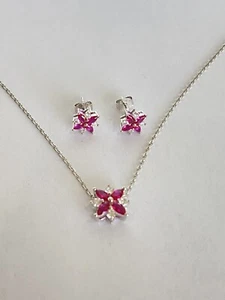 Sterling Silver Ruby Jewelry Set Pendant Necklace With Earrings - Picture 1 of 3
