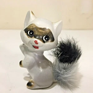 Vtg MCM Enesco? Ceramic Porcelain CUTE Raccoon Figurine w Real Fur Tail Japan - Picture 1 of 7