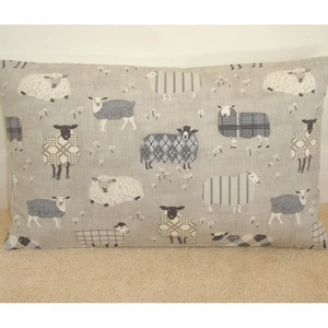 20"x12" Oblong Bolster Cushion Cover Baa Tartan Sheep Grey Beige and Cream 12x20 - Picture 1 of 1