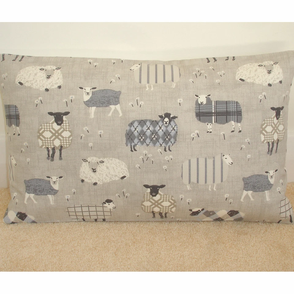 20"x12" Oblong Bolster Cushion Cover Baa Tartan Sheep Grey Beige and Cream 12x20 - Image 1 of 1