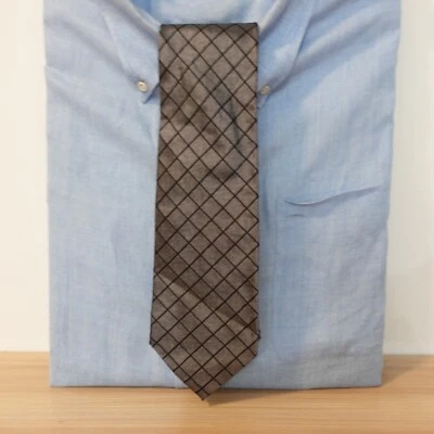 Windowpane Plaid Neck Tie Mens Gray Black Silk Neckwear  K2 INTERNATIONAL Japan - Image 1 of 4