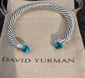 David Yurman 14k Yellow Gold 925 Sterling 7mm Twist Cable Cuff Bracelet Topaz 7" - Picture 1 of 5