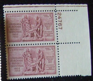 US 3¢ stamp SC #1020 Louisiana Purchase MNH 1953 pair with number - Picture 1 of 1