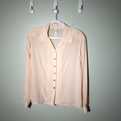 Blusa Evan Picone tamanho 10/12, creme 100% seda pintuck Career Academia em excelente estado usado - Imagem 1 de 4