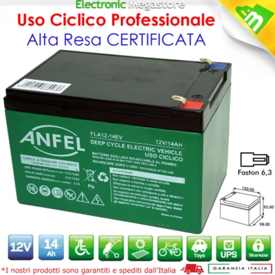 ANFEL Batteria 12V 14AH GEL AL PIOMBO CICLICA DEEP CYCLE RICARICABILE 12AH 15AH A VITE