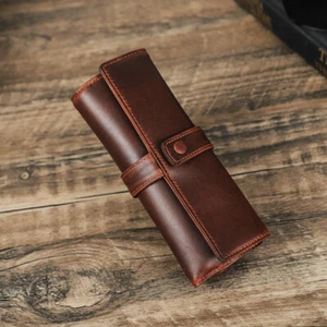 Genuine Cowhide Leather Handmade Pen Cases Pencil Roll Up Storage Holder Bags - Picture 1 of 9
