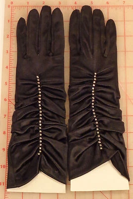 Black Stretch Satin Gloves Wedding Prom Garden Ruffled with Crystal Rhinestones - Image 1 of 4