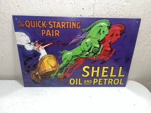 Shell Oil And Petrol Quick Starting Pair Metal Sign 16.5” X 11” Great Britain - Picture 1 of 6