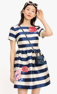 Kate Spade Kleid Größe 2 Mini Fit & Flare marineblau creme Streifen Blumenmuster KF792 neu mit Etikett - Bild 1 von 13
