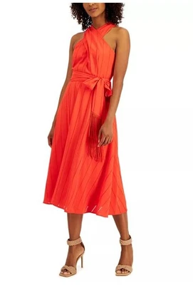 NWT Tahari Women's Red Sleeveless Crisscross Halter Neck Tie Waist MIDI Dress 12 - Image 1 of 4