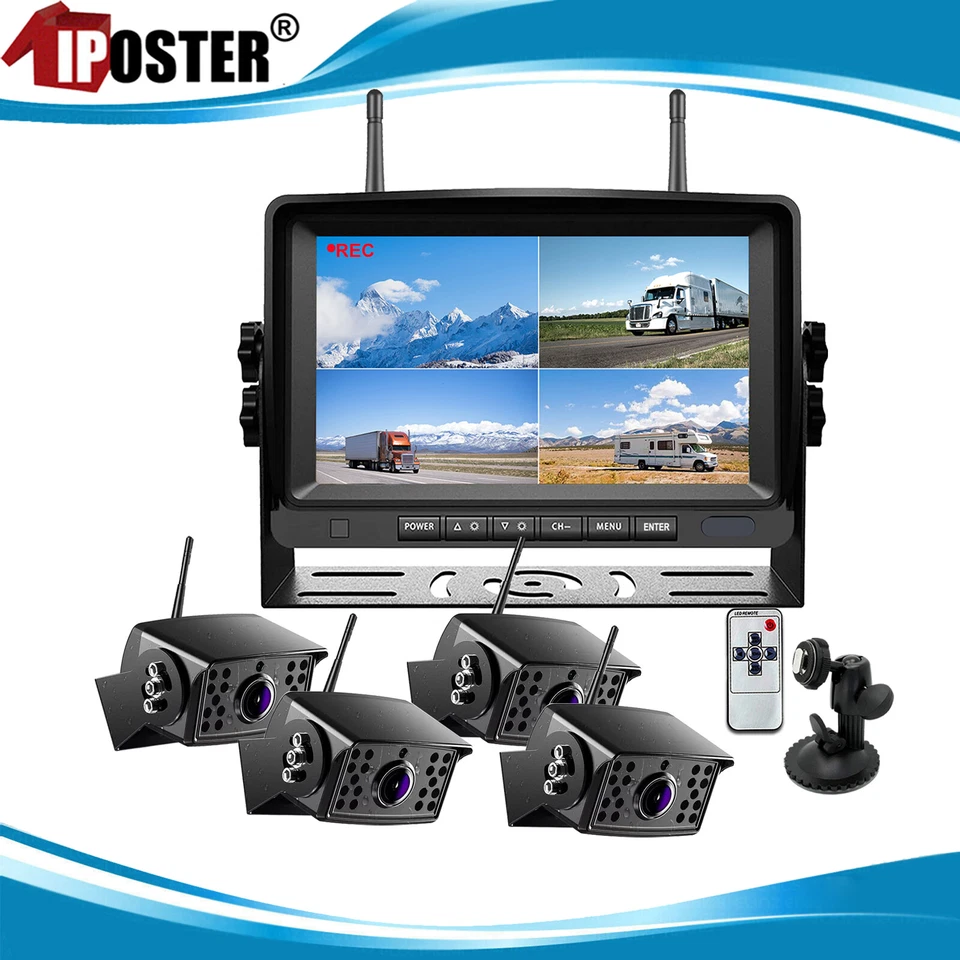Digital Wireless 7" Monitor Splitscreen 4x Reversing Camera Kit DVR 12V 24V QUAD - Image 1 of 4