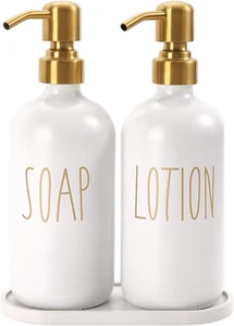 Bathroom Soap Dispenser Set Glass Stainless Steel Pump with Tray White Decor Set - Picture 1 of 7