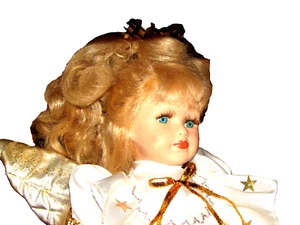DOLL 16 inch ANGEL w/stand white satin gown w/gold stars bows porcelain (dol - Picture 1 of 12