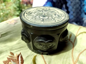 BOMA Carved Tribal Faces Trinket Box 2" X 2.75" Pacific Northwestern Native Art - Picture 1 of 4