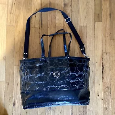 Coach Black Leather Tote Signature Stripe Stitched Baby/Commuter Bag Authentic - Image 1 of 4