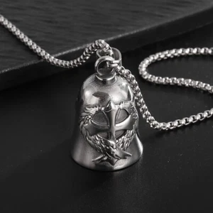 Wing Cross Motorcycle Riding Lucky Bell Necklace Stainless Steel Men Biker - Picture 1 of 7