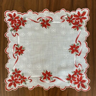 Christmas Hankie Handkerchief Poinsettia Scalloped Edges - Image 1 of 4