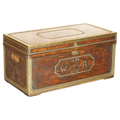 STUNNING RESTORED ANTIQUE 1693 DATED HAND STUDDED BROWN LEATHER STEAMER TRUNK - Image 1 of 4