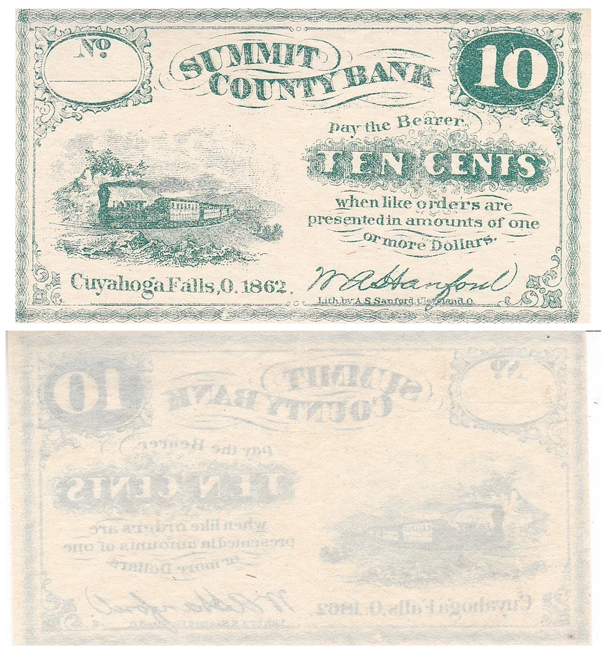 1862 10 Cents Summit County Bank Cuyahoga Falls, Ohio Obsolete Currency - Image 1 of 1