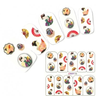 JUSTFOX Tattoo Nail Geisha Fächer Aufkleber Nagel Sticker Nägel Water Decal