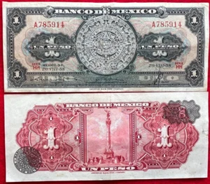 1958 Mexico Banknote 1 Peso Paper Money Aztec Calendar SERIE HH PREFIX A 785914 - Picture 1 of 1