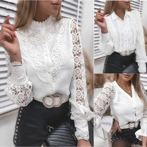 Mujeres Camisa con botones Blusa Encaje Floral Hueca Manga Larga Prendas para el torso Damas Oficina - Imagen 1 de 34