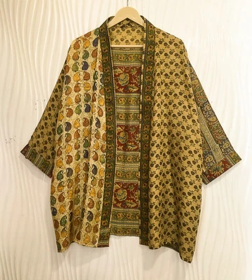 Jaqueta cardigã curta de seda pura quimono espanador capa roupão solto bege KMS3717 - Imagem 1 de 4