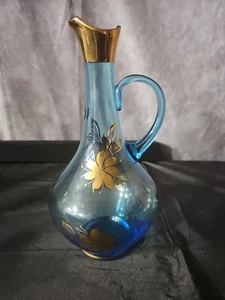 Vintage Blue Art Glass Czech Bohemian Hand Blown Gold Floral Decanter Pitcher - Picture 1 of 6