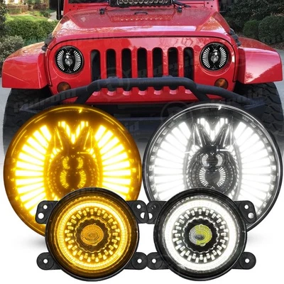 Halo LED 7" Headlight + Fog Light Kit Combo For Jeep Wrangler JK 2007-2018 - Imagem 1 de 4