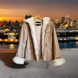 Vintage Y2K Penny Lane Hooded Coat Corduroy Faux Fur Tan Jacket Boho Hippie XL - Picture 1 of 8