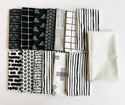 Lote de 14 peças de tecido de colcha Fat Quarter da AGF; estampas em preto e branco 100% algodão NOVO - Imagem 1 de 4