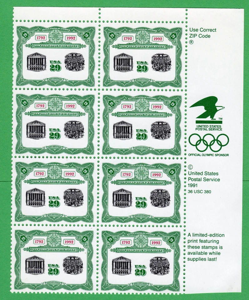 Scott #2630 New York Stock Exchange Zip & Eagle Block of 8 Stamps - MNH - Image 1 of 1