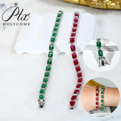 Lab Grown Gemstone Tennis Bracelet Ruby Columbia Emerald Cut 925 Sterling Silver - Image 1 of 4