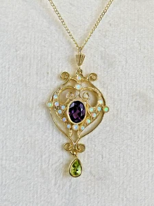 Fine Silver Vermeil Amethyst ,Peridot ,Opal Pendant Necklace, Suffragette Colour - Picture 1 of 7