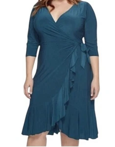Vestido envolvente caprichoso KIYONNA (NUEVO CON ETIQUETAS) 3x hecho en EE. UU. verde azulado con volantes dobladillo fluido femenino - Imagen 1 de 18