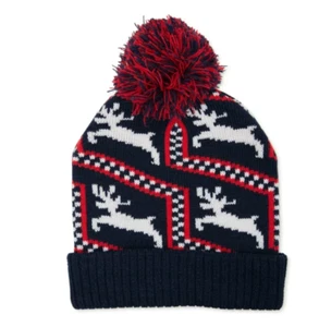 Holiday Time Women’s Intarsia Knit Holiday Beanie Dark Navy Pom pom Reindeer Hat - Picture 1 of 2